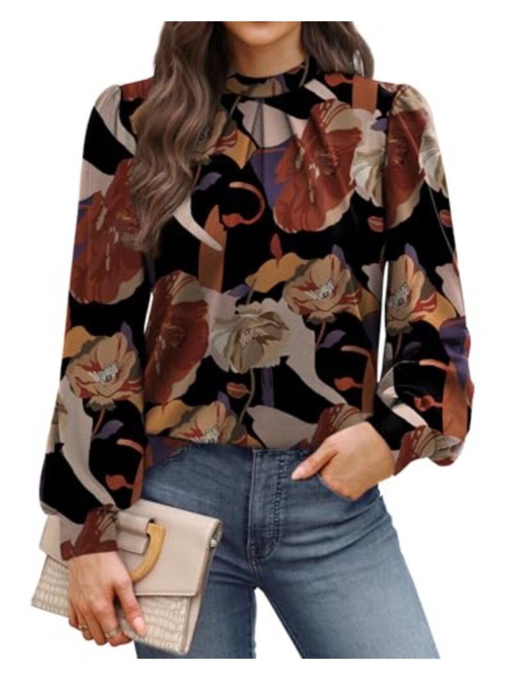 Womens Mock Neck Pleated Front Blouse Long Sleeve Tunic Top